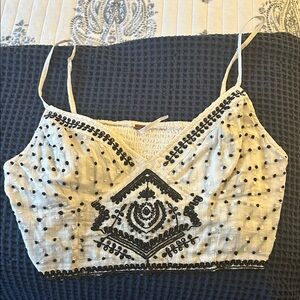 Free People White Cropped Embroidered Cami with Black Detailing and beads